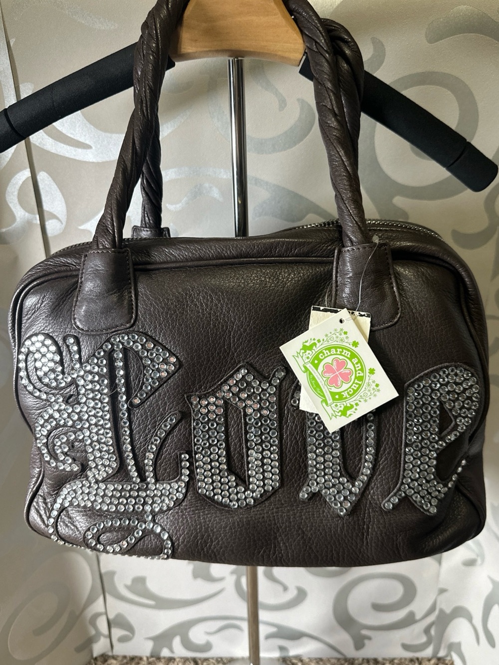 Charm And Luck Brown Leather Rhinestone LOVE Satchel Handbag Braided-Handle